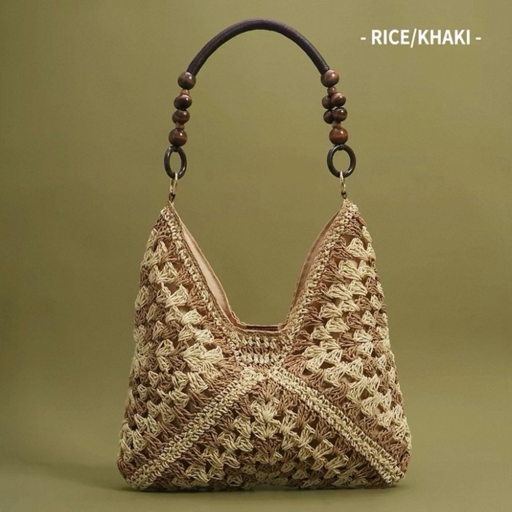 Boho Woven Crochet Shoulder Bag with Beaded Handle